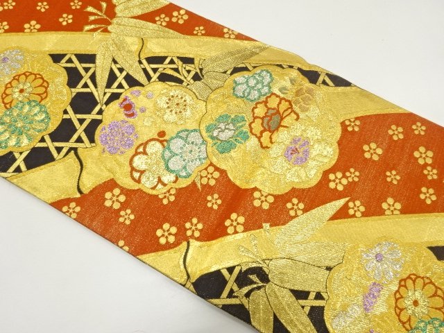 JAPANESE KIMONO / FUKURO OBI FOR FURISODE / WOVEN KIKU & UME WITH PEONY
